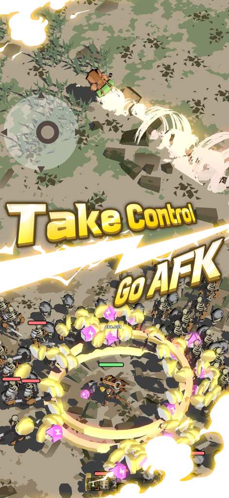 Lightning Princess: Idle RPG - Lightning Princess character battling skeletons with dual play mode options showing Take Control and Go AFK