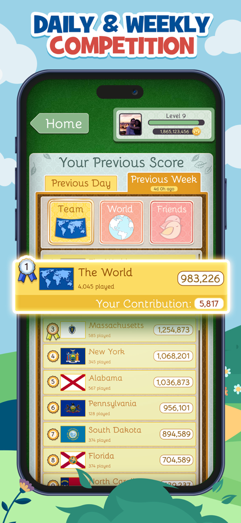 Tabla de clasificación de la competencia FreeCell Deluxe Social mostrando las clasificaciones de los jugadores por región