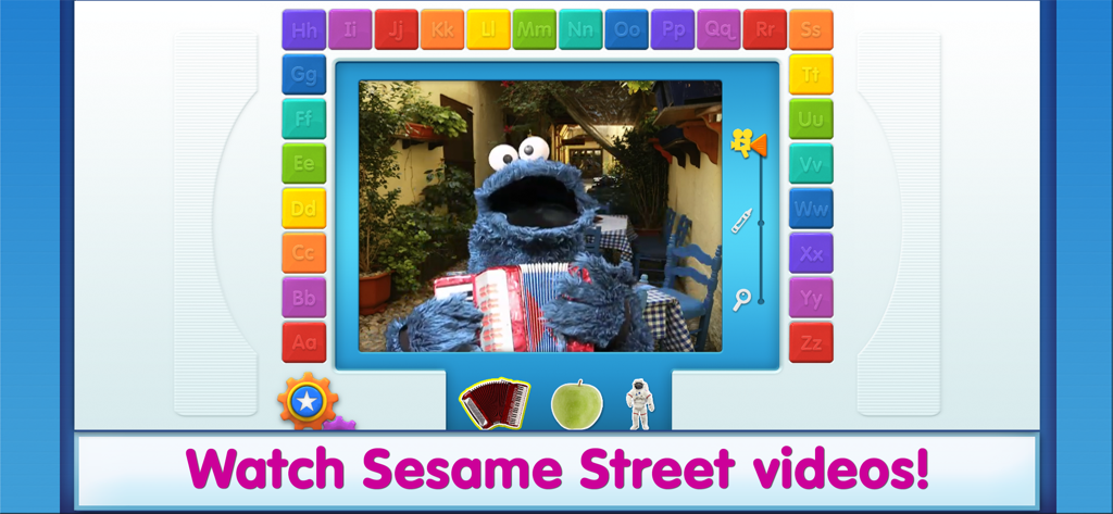 Screenshot of Elmo Loves ABCs Lite app showing a Sesame Street video of Cookie Monster playing an accordion surrounded by alphabet blocks.