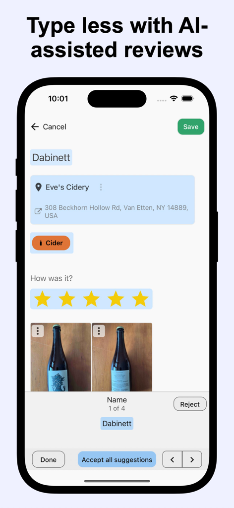 Memolli: all your reviews - Memolli app interface demonstrating AI-assisted review suggestions for a cider bottle.
