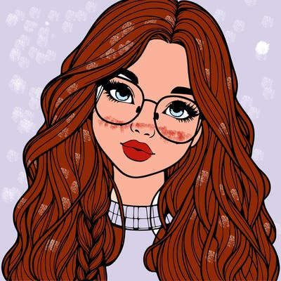 girl with long hair and freckles and glasses realistic