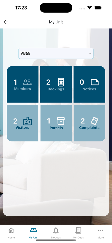 Apartner app My Unit screen displaying management tiles for members bookings notices visitors parcels and complaints