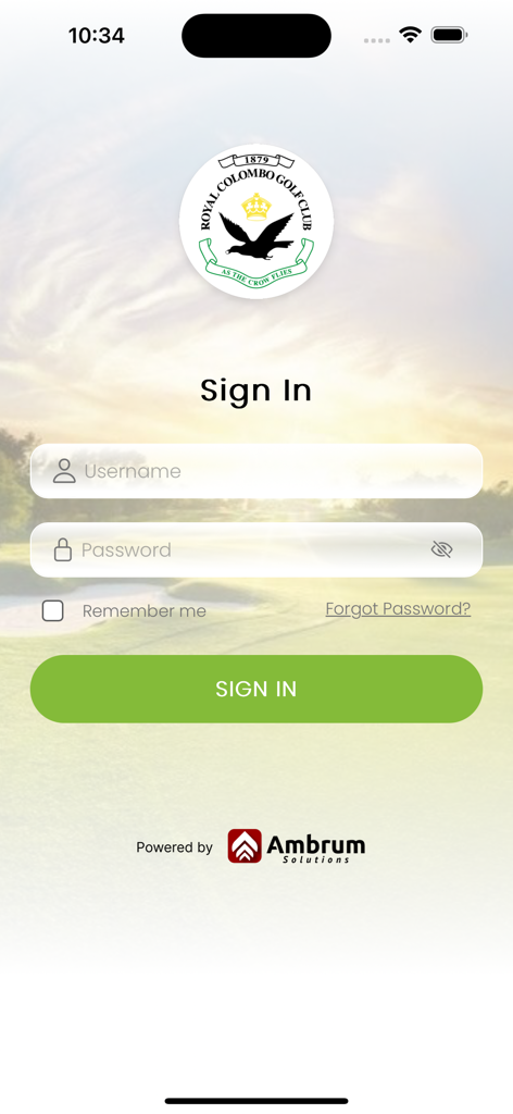 Royal Colombo Golf Club - The sign in screen of the Royal Colombo Golf Club app showing login fields over a golf course background.