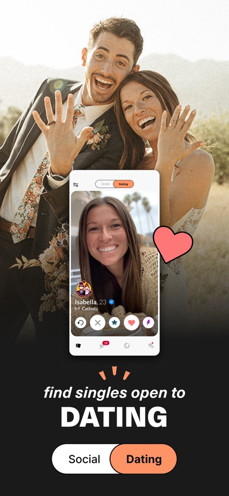 Upward: Christian Dating App - Upwardデートアプリのモバイル画面、カトリックの独身者のプロフィールが表示され、背景には婚約したカップルが写っています。