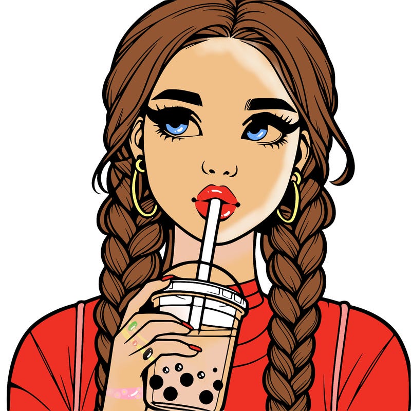 realistic girl with braided hair drinking boba