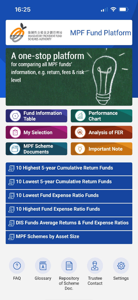 MPF Fund Platform - The main dashboard of the MPF Fund Platform app showing fund comparison tools and performance charts.
