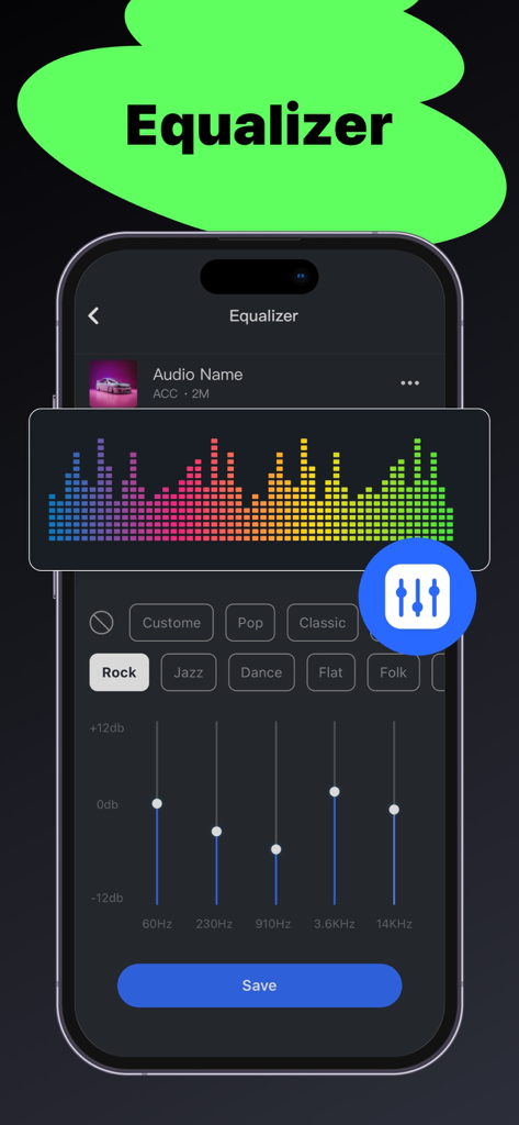 Equalizer interface in the Music Editor app featuring frequency sliders and music genre presets