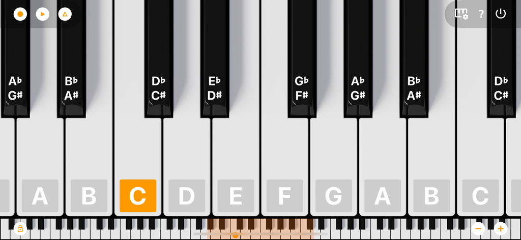 Mini Piano Pro - Klaviertastaturoberfläche mit auf den Tasten beschrifteten Notennamen in der Mini Piano Pro App.