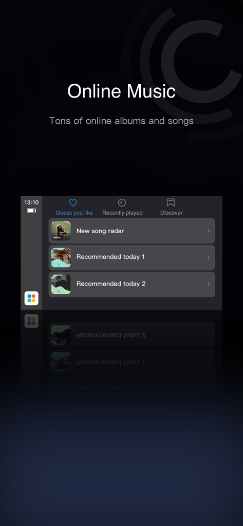 User interface of the CarbitLink app showing the online music feature with personalized song recommendations and discovery options