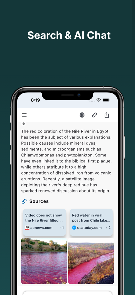 Chat Unlimited & Ask Brutus AI - Mobile screenshot of Brutus AI showing an AI response with internet search sources and images