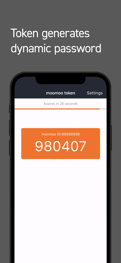 A mobile phone screen showing a six-digit dynamic security code generated by the moomoo token app