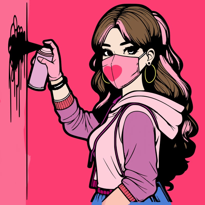 realistic girl with mask spray painting a wall