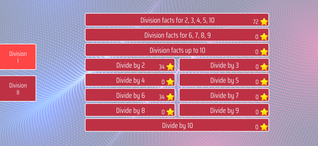 Division Math Trainer app menu showing various division levels and progress stars