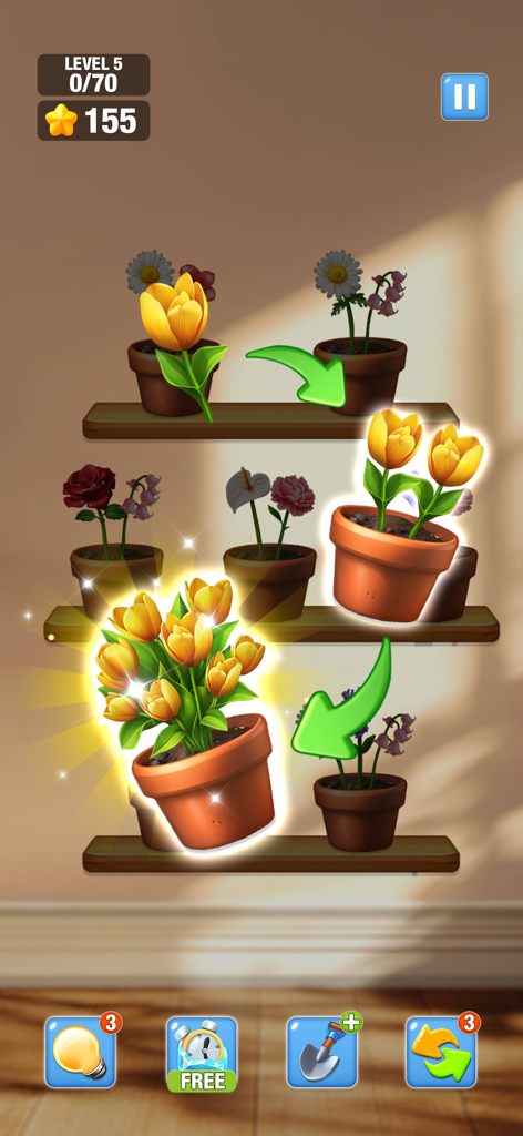 Blossom Match: Sorting Games - A mobile game screen showing yellow tulips being sorted into matching pots on wooden shelves.
