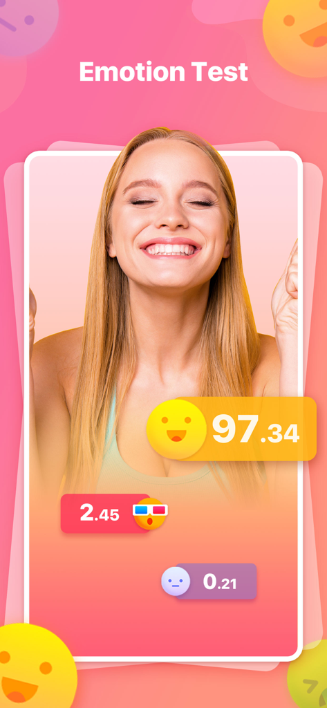 A screenshot of the Ms Yvonne app showing the Emotion Test feature analyzing a smiling woman's facial expression with percentage scores.