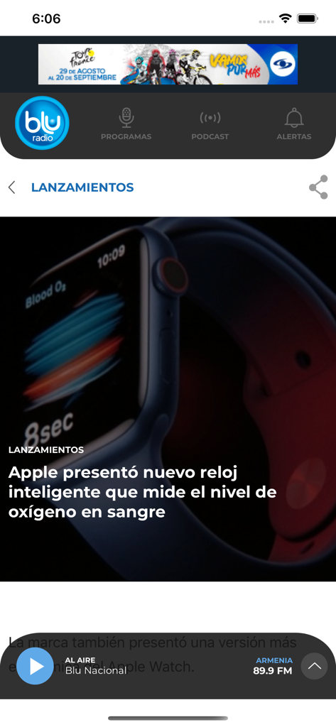 Captura de pantalla de la aplicación BLU Radio que muestra un artículo de noticias en español sobre la función de oxígeno en sangre del Apple Watch.