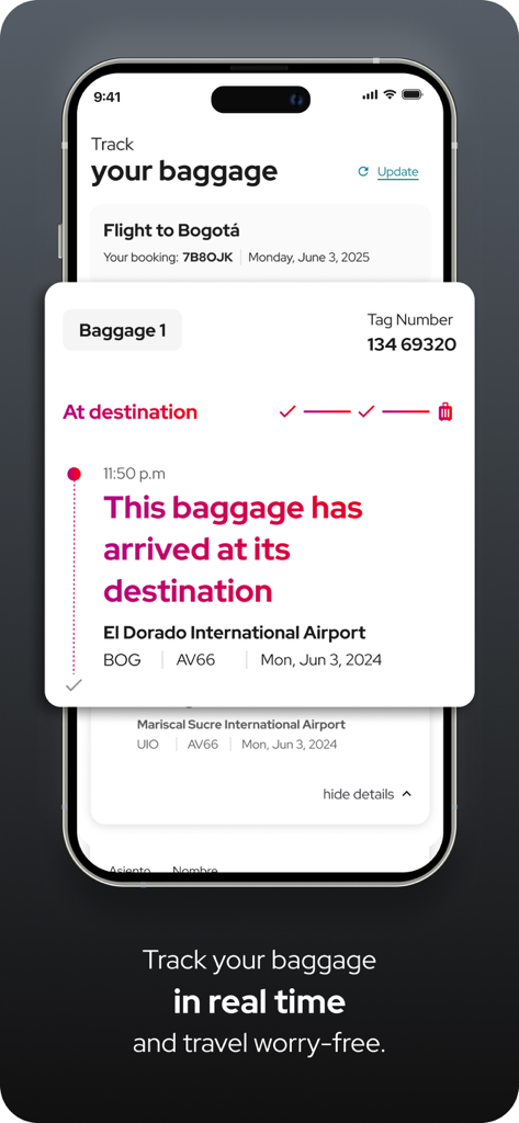 avianca - Interfaz de la app Avianca mostrando el estado de seguimiento de equipaje en tiempo real para un vuelo a Bogotá.