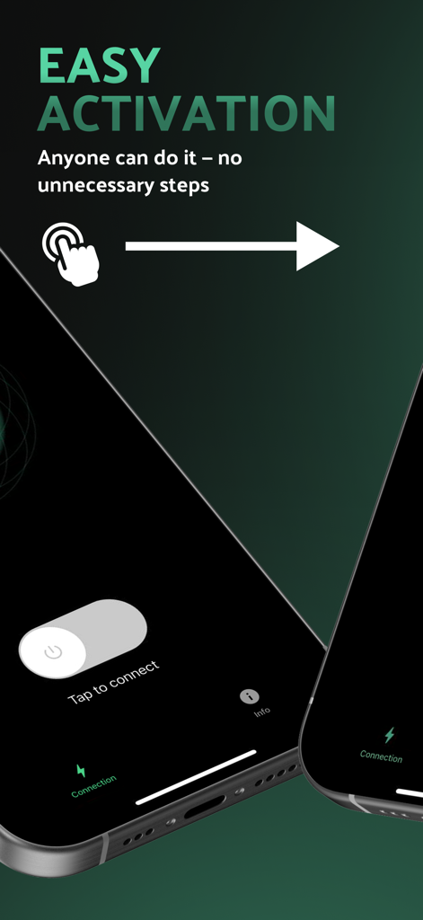 Adios Alpha - Interfaccia dell'app Adios Alpha che mostra l'interruttore di attivazione facile per connettersi
