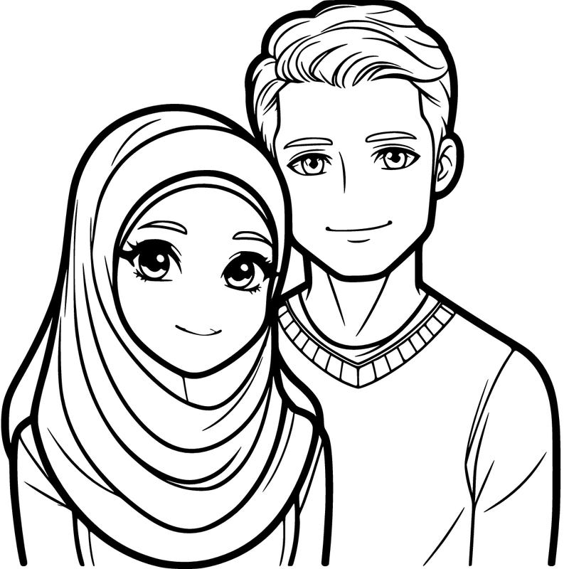 a muslim girl who wears a veil and a european man together, realistic