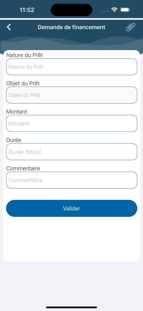 Pantalla de la aplicación móvil BGFIMOBILE CENTRAFRIQUE para enviar una solicitud de financiación.
