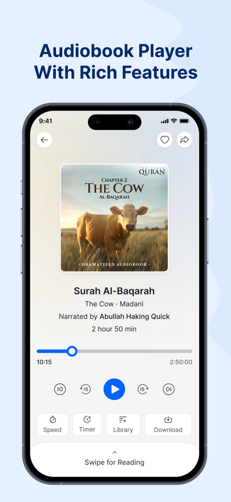 The Clear Quran Audiobook - The Clear Quran 오디오북 플레이어 화면. 수라 알-바카라에 대한 드라마화된 오디오 및 재생 컨트롤이 표시됩니다.