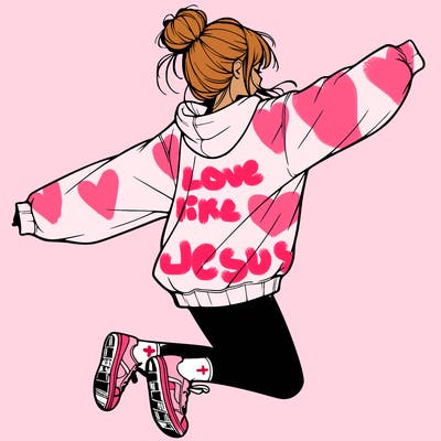 realistic girl jumping with a bun and oversized sweatshirt