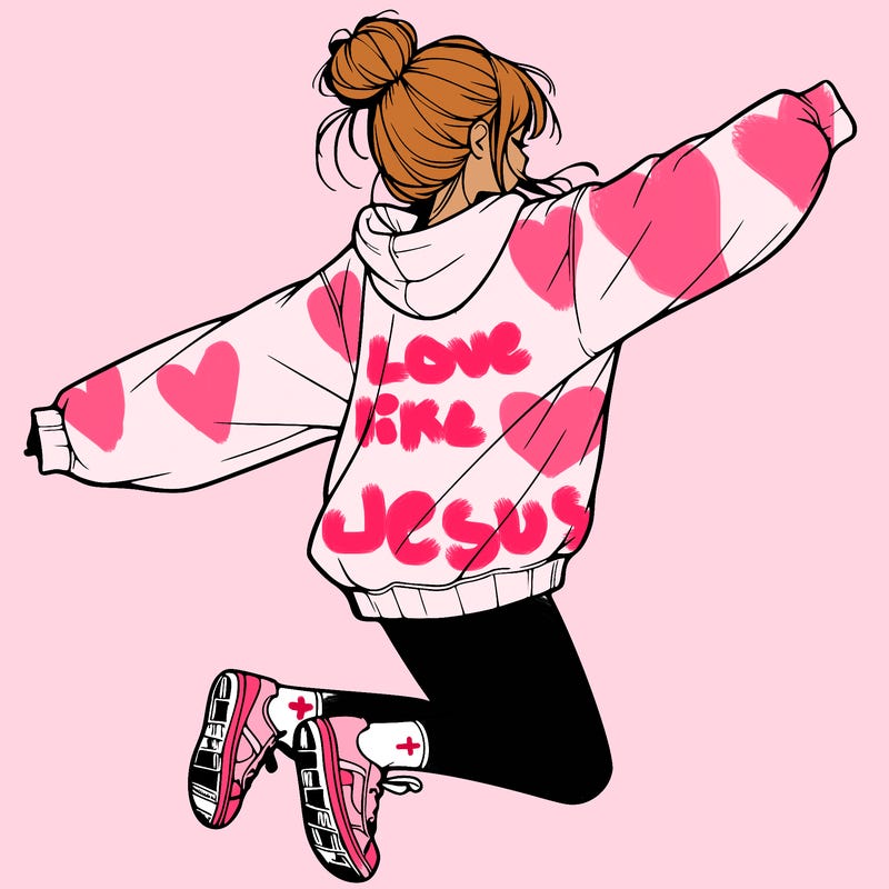realistic girl jumping with a bun and oversized sweatshirt