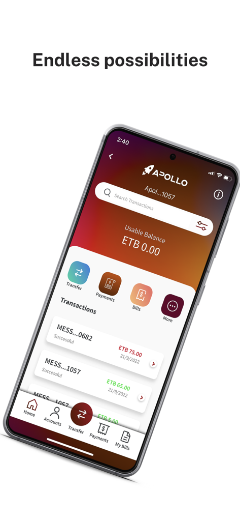 Apollo Digital mobile banking dashboard showing account balance and recent transaction history