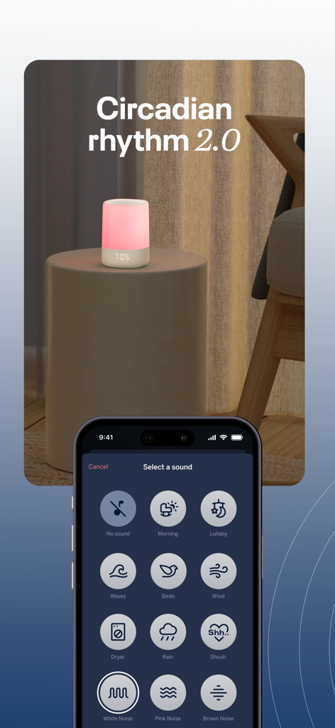 Interfaz de la aplicación Nanit Sonido y Luz que muestra opciones de selección de sonido como ruido blanco y lluvia junto a la lámpara inteligente brillante.