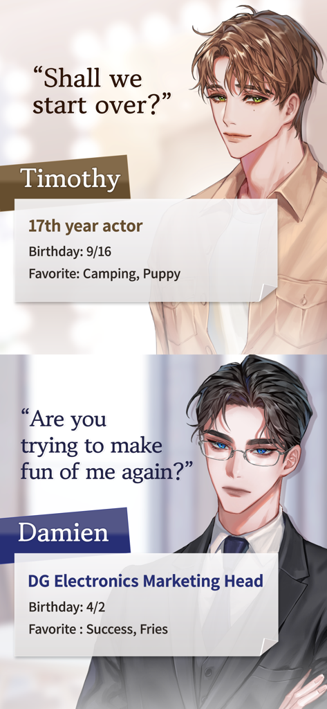 Love Liar : secret romance - Character profiles for Timothy and Damien from the Love Liar secret romance mobile game.