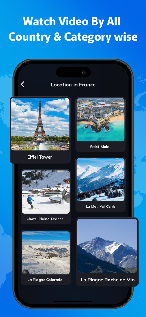 Una pantalla de smartphone que muestra la aplicación Live Earth Camera con una lista de ubicaciones de transmisión en vivo en Francia, incluida la Torre Eiffel