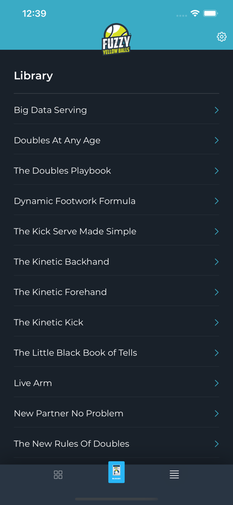 Fuzzy Yellow Balls - Library screen of the Fuzzy Yellow Balls app listing various tennis instructional programs