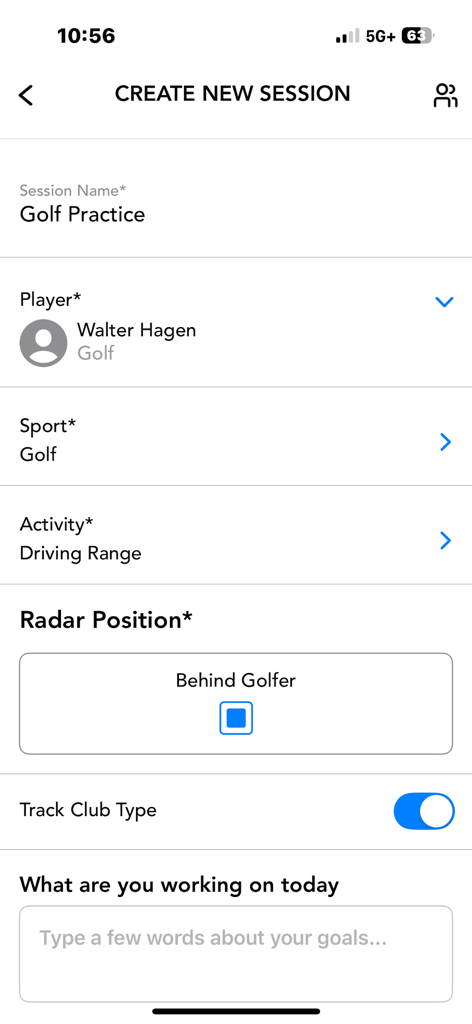 TAG Sports - Interface for creating a new golf practice session in the TAG Sports app