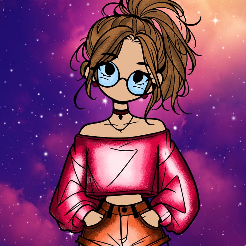 girl with a messy ponytail glasses a baggy crop top and jean shorts