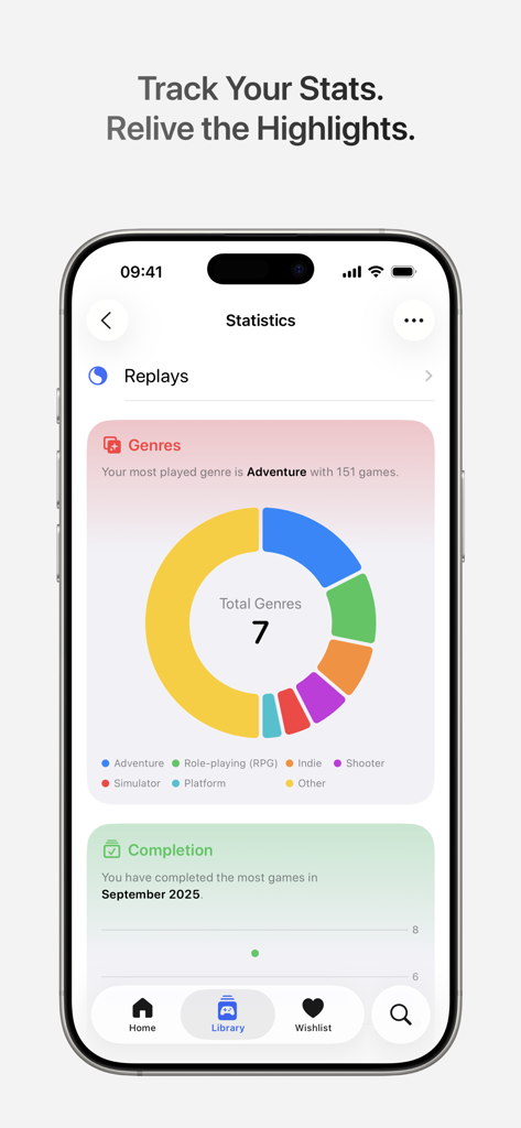 Gamery - Track Your Games - Une interface d'application mobile affichant les statistiques de jeu avec un graphique coloré de répartition par genre et un historique d'achèvement