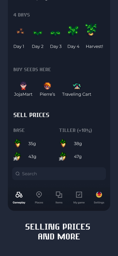 SV Guide - Schermata dell'app mobile SV Guide che mostra le fasi di crescita delle colture di Stardew Valley e i prezzi di vendita