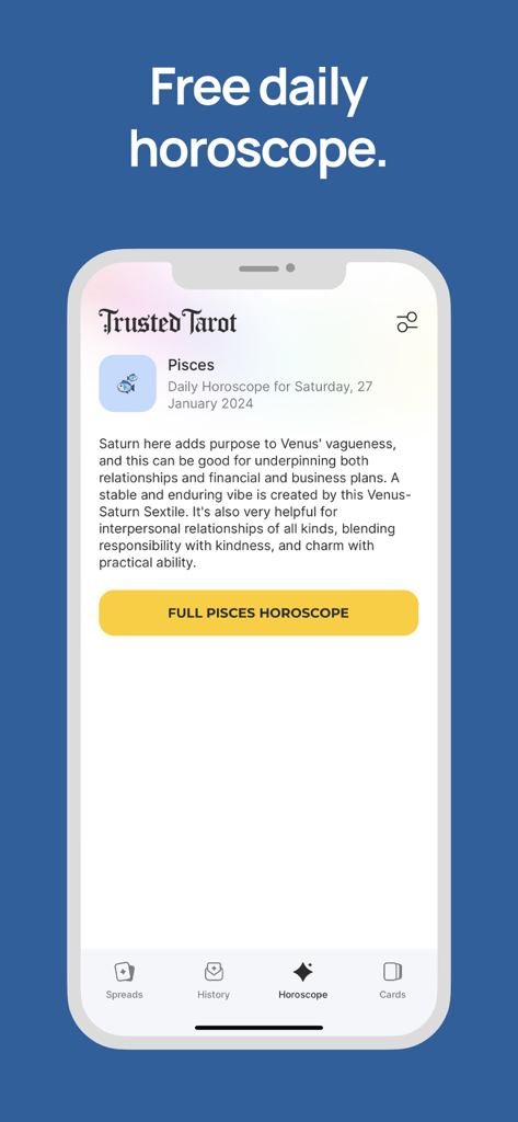 Trusted Tarot App-Bildschirm, der ein personalisiertes tägliches Horoskop für Fische anzeigt