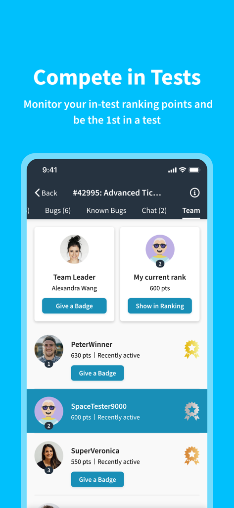 testNow - Crowdtesting - Pantalla de clasificación en la app testNow que muestra los rankings de testers y los puntos ganados.