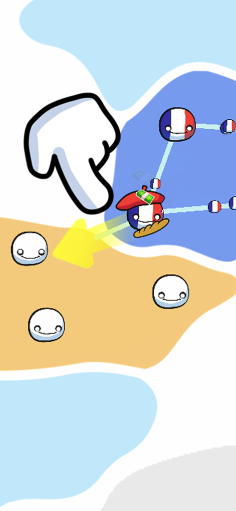 Country Balls: World Connect - Gameplay showing a French countryball with a beret and baguette connecting to others on a world map