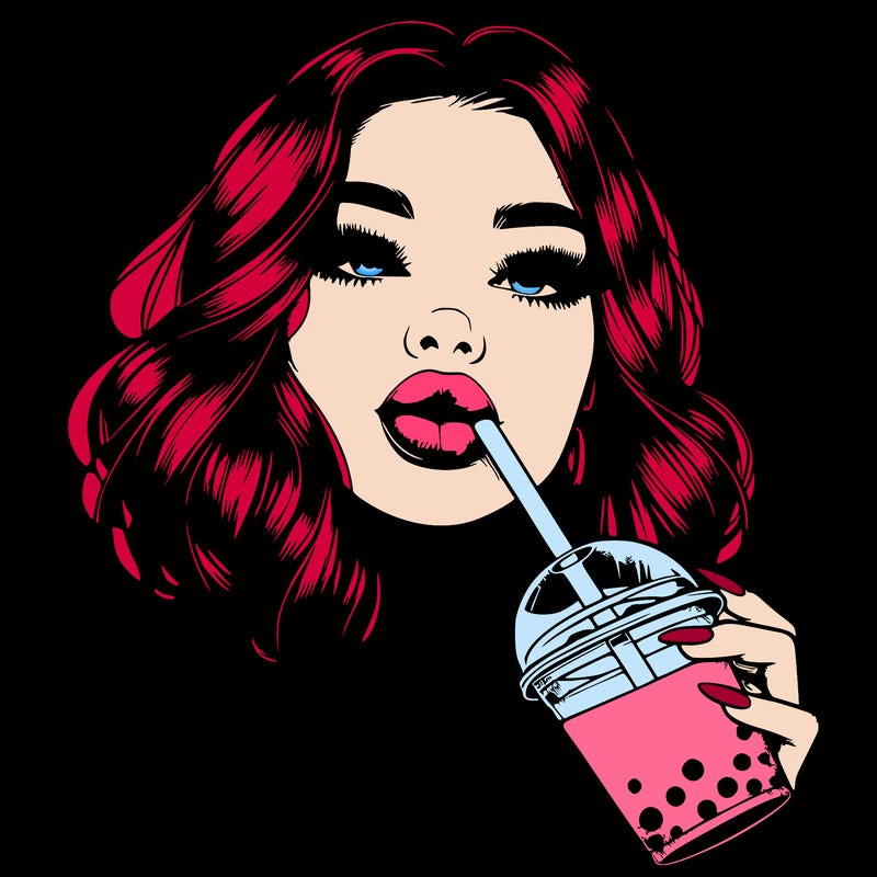 realistic girl with glossy lips holding boba