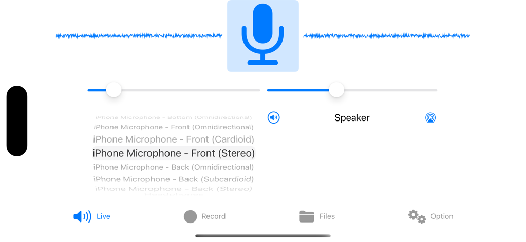 Stereo Microphone - Interface do aplicativo Microfone Estéreo mostrando seleção de entrada de áudio estéreo e formas de onda ao vivo em modo paisagem.