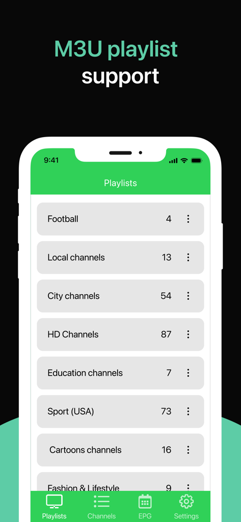 IPTV Player PRO－Smart Live TV - Screenshot eines iPhones mit IPTV Player PRO, der eine Liste organisierter TV-Kanal-Playlists nach Kategorie anzeigt