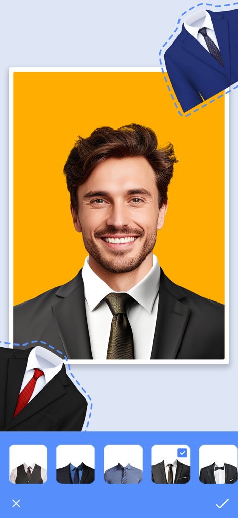 Passport photo maker - AI app - AI passport photo app interface showing the smart dress feature to change into professional suits