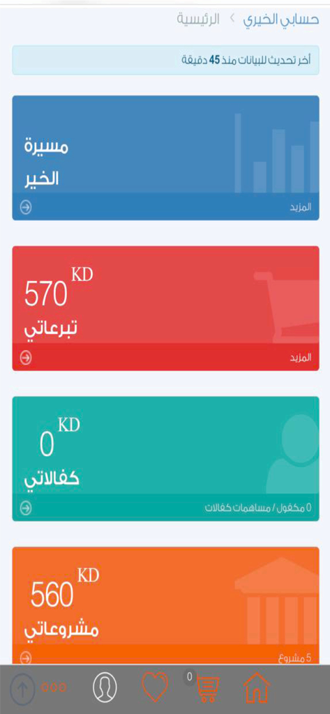 الرحمة العالمية - Panel de la aplicación móvil Rahma International mostrando estadísticas de caridad del usuario e historial de donaciones en árabe