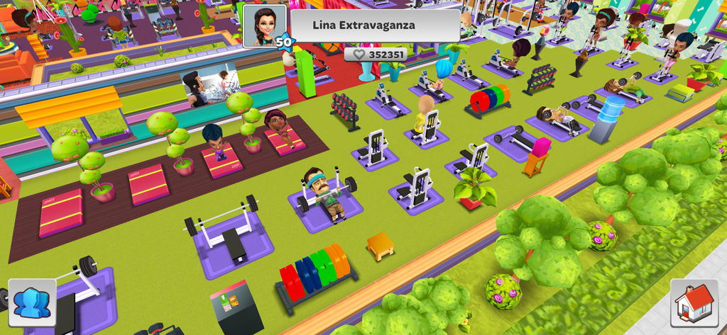 My Gym: Fitness Studio Manager - さまざまなマシンでトレーニングするクライアントがいる、大規模なフィットネススタジオのトップダウンビュー。