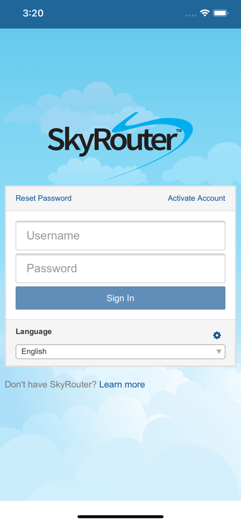 SkyRouter - SkyRouter mobile app login screen featuring username and password input fields on a blue cloud background
