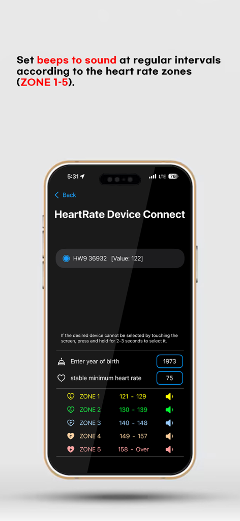Masil Tracker - Tela de conexão de dispositivo de frequência cardíaca do aplicativo Masil Tracker mostrando as zonas um a cinco com configurações de bipe sonoro.