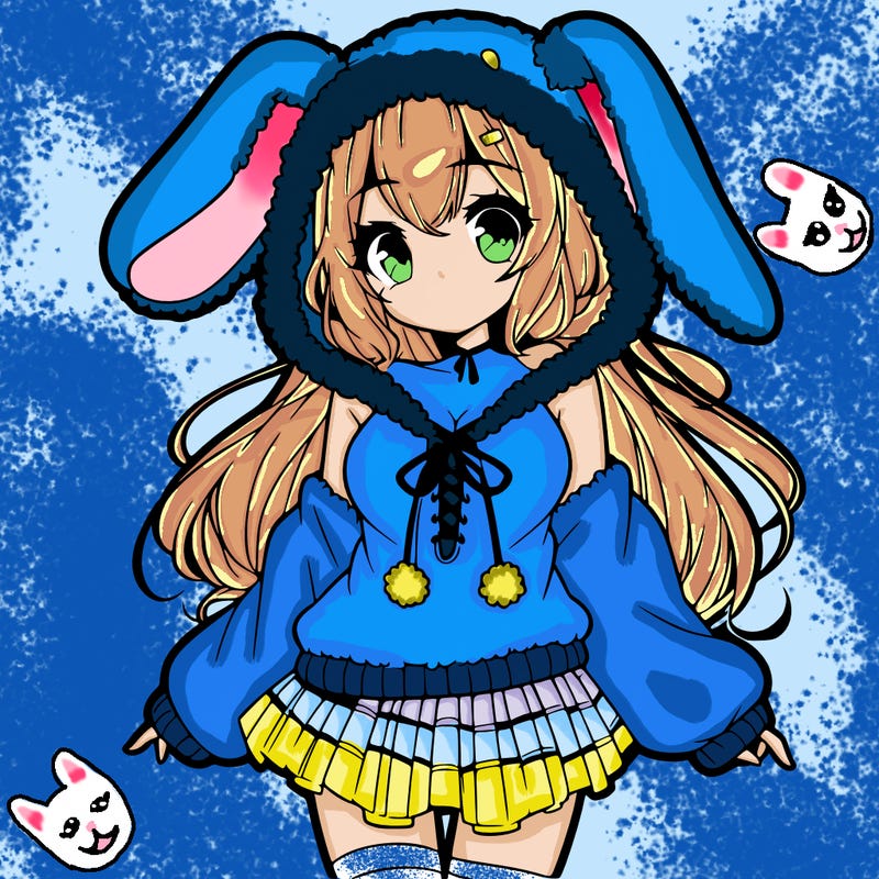 pretty anime girl wearing a fluffy hoodie with bunny ears on the hood and a skirt