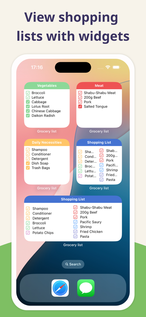 Shopii – Grocery Shopping List - 채소, 고기 등 다채로운 카테고리의 여러 Shopii 식료품 목록 위젯이 표시된 iPhone 홈 화면