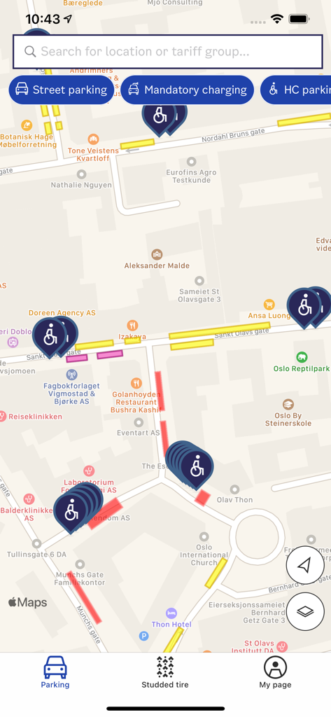 Map showing available handicapped parking spaces in the Bil i Oslo app
